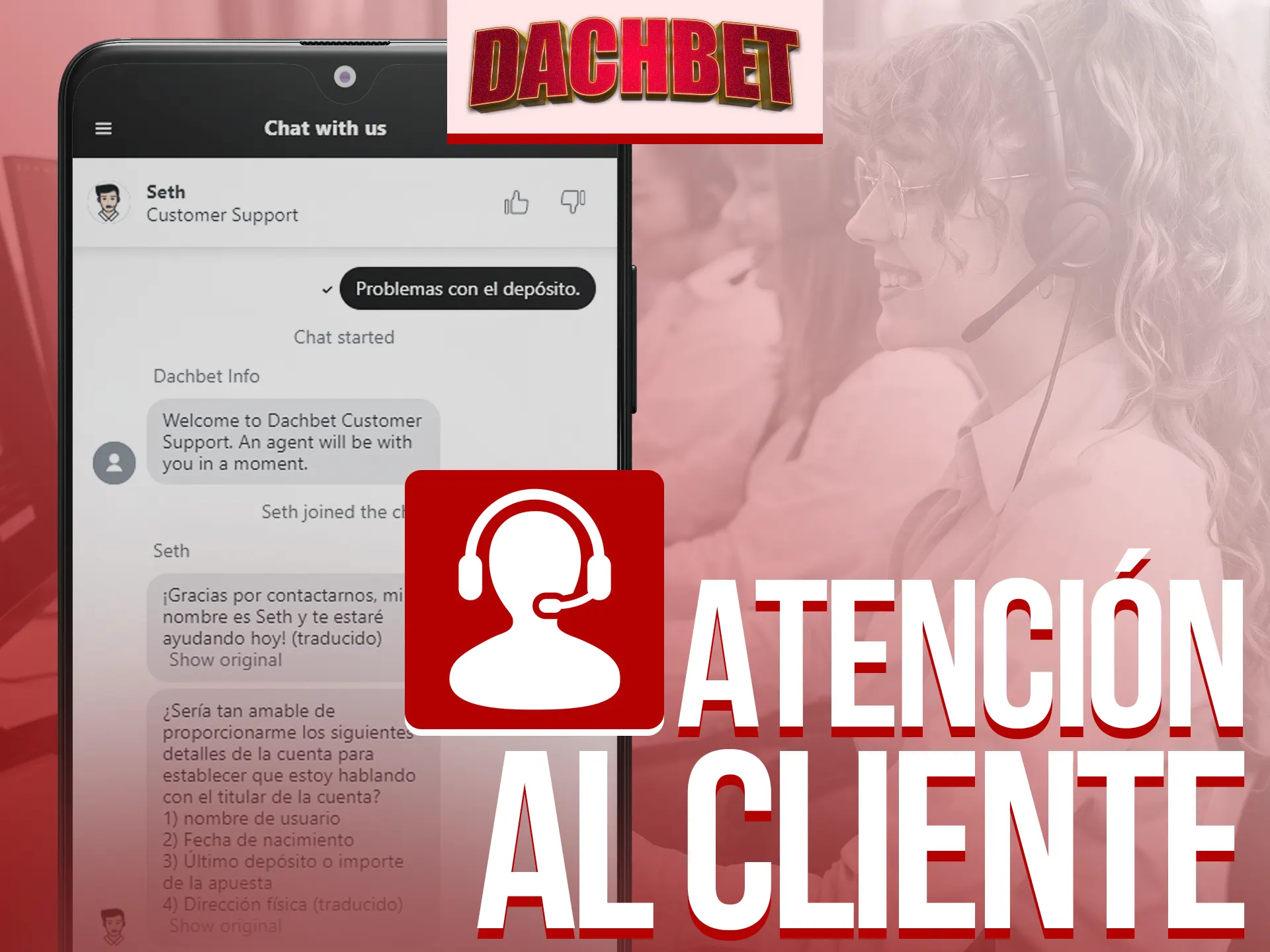 Atención al cliente eficiente en Dachbet, vía chat y correo.